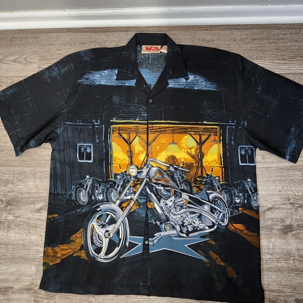 Vintage Biker 90s Y2K Motorcycle Short Sleeve Button Up Black  Shirt Sz L